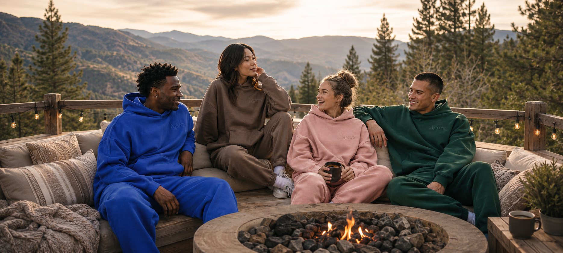 Friends wearing Agora comfortwear gathered together outdoors