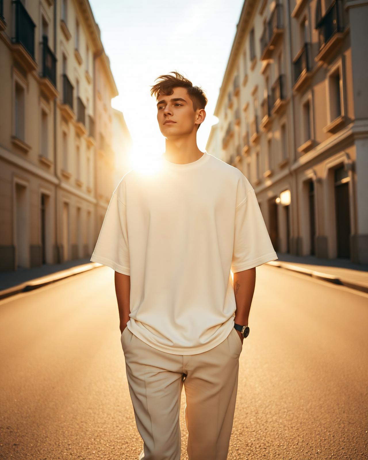 Model wearing relaxed neutral clothing on a city street